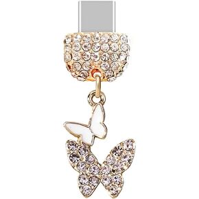 ELISE & FONDA TP274 Type-C USB Charging Port Crystal Anti Dust Plug Little Double Butterflies Cell Phone Charm for Samsung/Huawei/OnePlus/Xiaomi/oppo Android Phones (White)