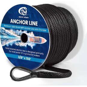 Space Whale’s 3/8" x 150' Marine-Grade Solid Anchor Line with Thimble I Excellent Heavy Duty 1818 lbs MBS I Black Solid Braided MFP Anchor Line I Highly Effective, Sun and Saltwater Resistant
