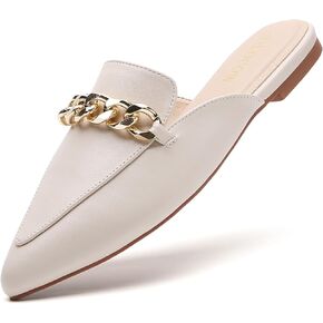 Tilocow Mules for Woman Metal Chain Slip On Flats Business Pointed Toe Loafers Backless Women Mule Shoes
