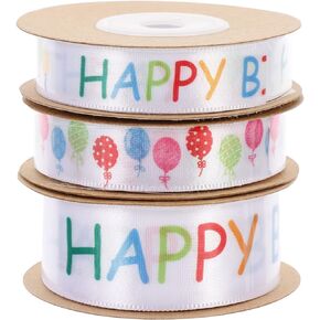 Amosfun 3 Rolls Happy Birthday Ribbon Roll Wide Satin Ribbon Happy Birthday Balloons Ribbon Gifts Wrapping Ribbon for Party Decoration