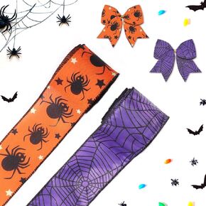 Hying 2 Rolls Halloween Spider Ribbons for Wreath Bows, Halloween Wired Edge Ribbons Purple Orange Burlap Ribbon Spider Web Craft Ribbons for Gift Wrapping Fall Thanksgiving Decorations Supplies