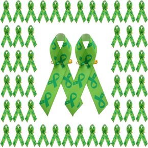 100 Pcs Green Mental Health Awareness Ribbons with Safety Pins, Satin Pattern Ribbons for Women or Man Charity Public Social Event Public