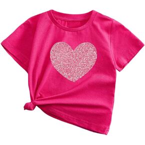SweatyRocks Girl's Heart Print Sparkly Sequin T Shirt Round Neck Short Sleeve Basic Tops