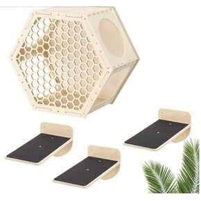 Navaris Cat Shelves for Wall (4 Pieces) - Set with Hexagon Shelf and 3 Steps - Wall Mounted Climbing Perch for Cats - Wall Mount Furniture for Walls
