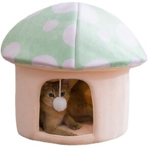 Cat Nest Mushroom Shape Cat House Semi-Enclosed Cave-Style Warm Cat House Removable and Washable Soft Cat and Dog Nest with Funny Cat Ball Pet Nest (Green) in Kuwait