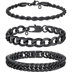 ChainsProMax Men Chain Bracelet Cuban Llink Figaro Chain Bracelet Set, Stainless Steel/Gold Plated/Black-Send Gift Box