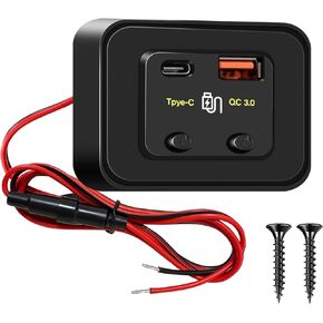 2 قطعة لوحة مخرج USB 12 فولت 48 وات PD3.0 وQC3.0 مقبس شاحن سيارة مع مفتاح مزدوج، محول مخرج طاقة USB C مزدوج على السطح مع أسلاك 3FT 10A فيوز لشاحنة RV Marine Boat Bus ATV