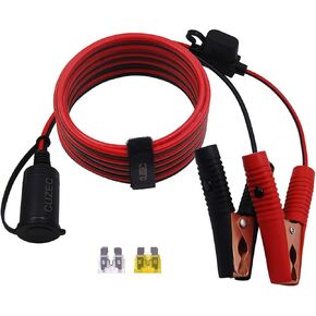 12V/ 24V Extension Cord Plug Socket with Battery Clamp 8FT / 2.44m 14 AWG Battery Clip-On and Cigarette Lighter Adapter