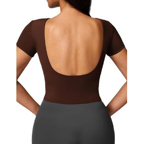 Women's Backless Workout Tops Double Lined Slim Fit Tee Sexy Open Back Shirts Summer Y2K Crop Short Sleeve Shirts