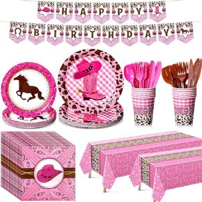Gejoy 171 Pcs Cowgirl Birthday Party Supplies for 24 Guests Western Cowgirl Plates Napkins Cowgirl Birthday Banners Tablecloths Cups Knives Forks and Spoons for Cowgirl Party Decorations