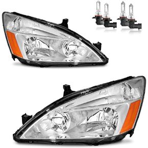 Headlights Assembly for 2003-2007 Honda Accord, OE Headlamp Coupe/Sedan, Black Housing Amber Reflector Left+Right Side 2/4-Door