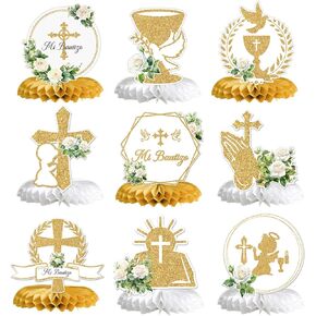 Mi Bautizo Honeycomb Centerpieces, Baptism Party Decor, First Communion Table Decorations, Christening Table Centerpieces, Baby Shower 1st Birthday Party Decorations, 9PCS