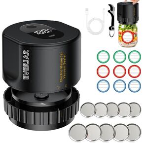 Everjar - Mason Jar Vacuum 2 IN 1 Design Electric Mason Jar Vacuum Sealing Kit, Fully Automatic Suction Stop Food Storage Vacuum Sealer for Wide Mouth and Regular Mouth Mason Jars, Black