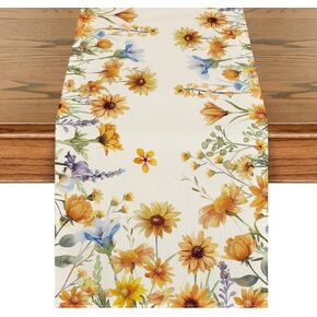 Artoid Mode Yellow Daisy Lavender Flowers Floral Leaves Spring Table Runner, Summer Kitchen Dining Table Decoration for Home Party Decor 13x72 Inch