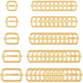 Swpeet 50Pcs 5 Sizes 1/2" 3/4" 1" 5/4" 5/8" Multi-Purpose Metal Rectangle Adjuster Triglides Slides Buckle for Belts Hardware