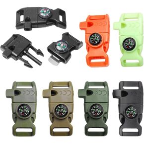CooBigo Survival Kit, 10pcs Pack Black 5/8'' Compass Flint Scraper Fire Starter Whistle Buckle Plastic Paracord Bracelet for Outdoor Camping Emergency