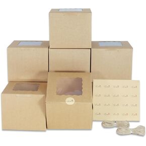 PQZKLDP 12pcs Brown Kraft Cake Boxes 6x6x5 In with Wave Window Kraft Bakery-Treat-Party Favor Boxes for Cake-Cupcake-Pie- Dessert-Pastries-Cookies (PQ189)