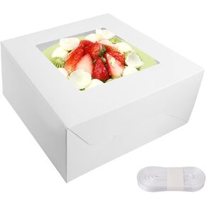 10pcs 10x10x5 Inches Cake Boxes, White Bread Boxes with Windows for Pastries,Large Baking Boxes, Square Cardboard Cake Box for Multi-Layer Cakes, Cake Decorating Supplies for Gift Giving
