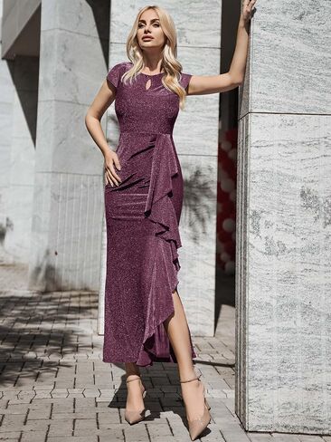 Miusol Women's Classy Style Round Neck Ruffle Cocktail Prom Long Dress in Saudi Arabia