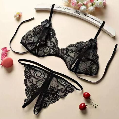Women's Sexy Lace Underwear Set Bra Thong Mesh Lace Print Three Point Underwear Set Flower Perspective in Saudi Arabia