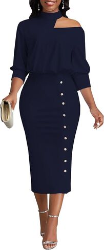 فساتين عمل للنساء أنيقة بدون أكتاف 3/4 كم فستان متوسط ​​الطول Bodycon رقبة رسن الكنيسة مكتب قلم رصاص (811 أزرق داكن، متوسط) in Kuwait