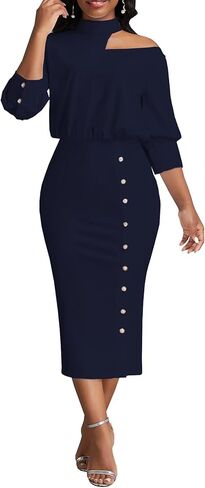 فساتين عمل للنساء أنيقة بدون أكتاف 3/4 كم فستان متوسط ​​الطول Bodycon رقبة رسن الكنيسة مكتب قلم رصاص (811 أزرق داكن، متوسط) in Kuwait