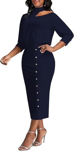 فساتين عمل للنساء أنيقة بدون أكتاف 3/4 كم فستان متوسط ​​الطول Bodycon رقبة رسن الكنيسة مكتب قلم رصاص (811 أزرق داكن، متوسط) in Kuwait