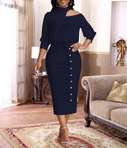 فساتين عمل للنساء أنيقة بدون أكتاف 3/4 كم فستان متوسط ​​الطول Bodycon رقبة رسن الكنيسة مكتب قلم رصاص (811 أزرق داكن، متوسط) in Kuwait