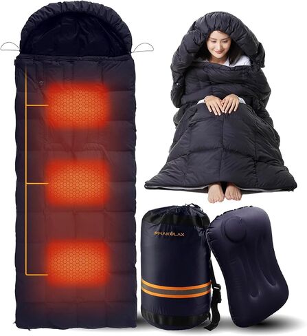 Graphene Heated Sleeping Bag with 3 Heating Levels, Waterproof Lightweight with Pillow and Compression Sack for Camping Hiking Backpacking Cold Weather in Saudi Arabia