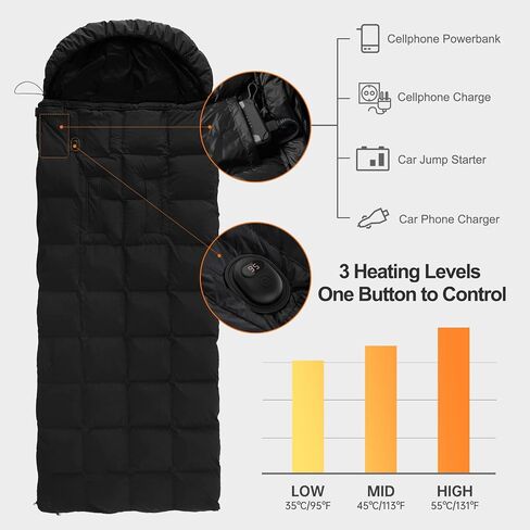 Graphene Heated Sleeping Bag with 3 Heating Levels, Waterproof Lightweight with Pillow and Compression Sack for Camping Hiking Backpacking Cold Weather in Saudi Arabia