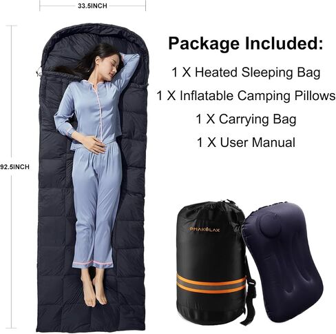 Graphene Heated Sleeping Bag with 3 Heating Levels, Waterproof Lightweight with Pillow and Compression Sack for Camping Hiking Backpacking Cold Weather in Saudi Arabia
