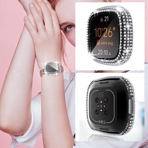 RICHONE [3 عبوات] حافظات بلينغ متوافقة مع حافظة حماية شاشة الساعة الذكية Fitbit Versa 3، أغطية ممتصة للصدمات الماسية إطار صلب لملحقات ساعة Fitbit Sense (شفاف × 3) in Kuwait