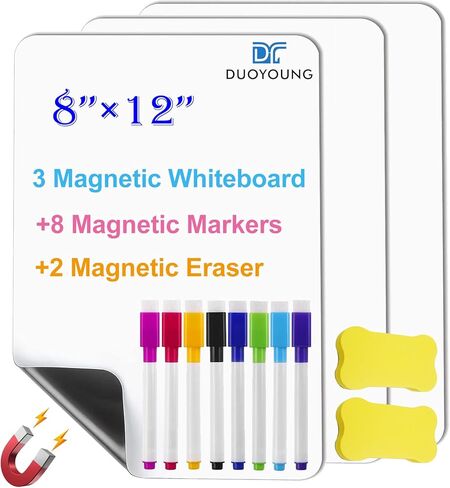3 قطع سبورة بيضاء مغناطيسية للثلاجة، لوحة مسح جافة للثلاجة، سبورة بيضاء مغناطيسية صغيرة لباب الثلاجة، تتضمن علامات مع مغناطيس، ممحاة (12 بوصة × 8 بوصة، أبيض) in Kuwait