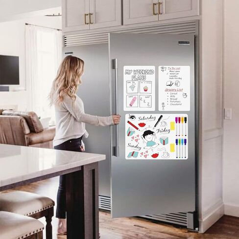 3 قطع سبورة بيضاء مغناطيسية للثلاجة، لوحة مسح جافة للثلاجة، سبورة بيضاء مغناطيسية صغيرة لباب الثلاجة، تتضمن علامات مع مغناطيس، ممحاة (12 بوصة × 8 بوصة، أبيض) in Kuwait