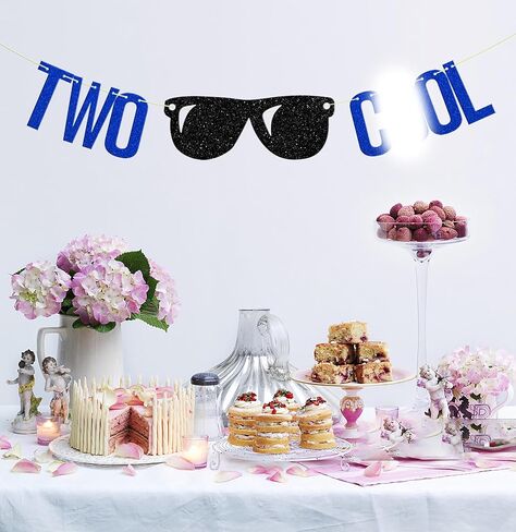 Two Cool Banner, Boy's 2nd Birthday Party, Second Birthday Banner，2nd Birthday Party Decor Blue Glitter in Kuwait