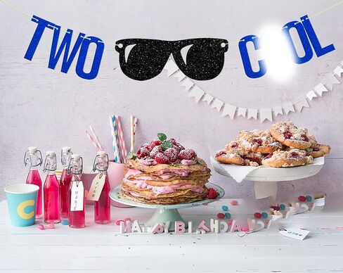 Two Cool Banner, Boy's 2nd Birthday Party, Second Birthday Banner，2nd Birthday Party Decor Blue Glitter in Kuwait