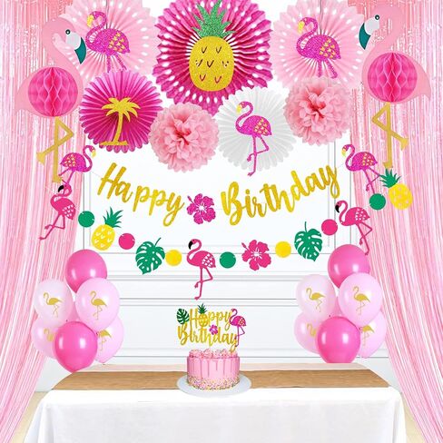 Flamingo Birthday Decorations, Flamingo Birthday Party Supplies, Flamingo Party Decorations, Aloha Hawaiian Luau Tropical Pineapple Summer Beach Party Decorations Supplies in Kuwait