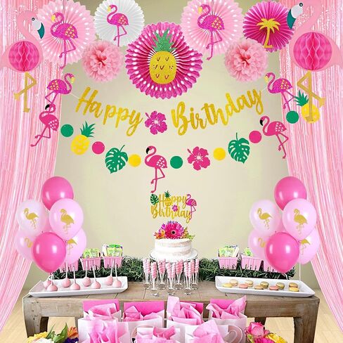 Flamingo Birthday Decorations, Flamingo Birthday Party Supplies, Flamingo Party Decorations, Aloha Hawaiian Luau Tropical Pineapple Summer Beach Party Decorations Supplies in Kuwait