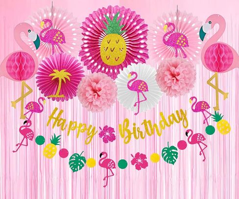 Flamingo Birthday Decorations, Flamingo Birthday Party Supplies, Flamingo Party Decorations, Aloha Hawaiian Luau Tropical Pineapple Summer Beach Party Decorations Supplies in Kuwait