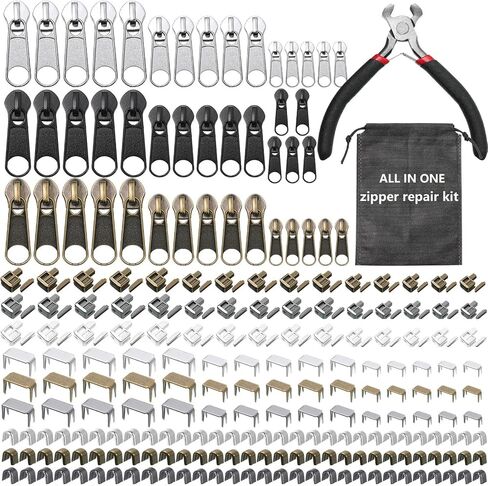 Yuxung 272 Pieces Zipper Repair Kit Replacement Zipper Pulls, Zipper Latch Slider, Installation Tools Zipper Stopper Slider Repair Tool Kit for Metal Plastic Nylon Coil Jacket Zippers (Size 8/5/3) in Saudi Arabia