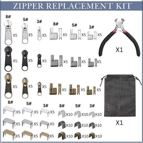 Yuxung 272 Pieces Zipper Repair Kit Replacement Zipper Pulls, Zipper Latch Slider, Installation Tools Zipper Stopper Slider Repair Tool Kit for Metal Plastic Nylon Coil Jacket Zippers (Size 8/5/3) in Saudi Arabia