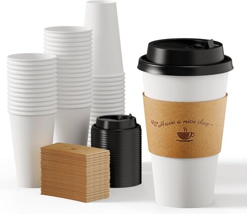 LITOPAK 100 Pack Disposable Coffee Cups with Lids and Kraft Sleeves, 10 oz White Coffee Cups, Paper coffee Cups for Hot Drinks in Kuwait