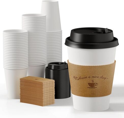 LITOPAK 100 Pack Disposable Coffee Cups with Lids and Kraft Sleeves, 10 oz White Coffee Cups, Paper coffee Cups for Hot Drinks in Kuwait