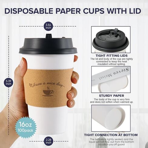 LITOPAK 100 Pack Disposable Coffee Cups with Lids and Kraft Sleeves, 10 oz White Coffee Cups, Paper coffee Cups for Hot Drinks in Kuwait