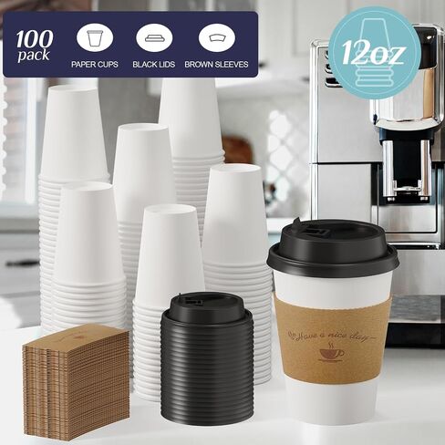 LITOPAK 100 Pack Disposable Coffee Cups with Lids and Kraft Sleeves, 10 oz White Coffee Cups, Paper coffee Cups for Hot Drinks in Kuwait