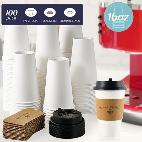 LITOPAK 100 Pack Disposable Coffee Cups with Lids and Kraft Sleeves, 10 oz White Coffee Cups, Paper coffee Cups for Hot Drinks in Kuwait