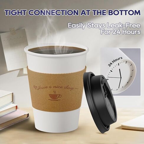 LITOPAK 100 Pack Disposable Coffee Cups with Lids and Kraft Sleeves, 10 oz White Coffee Cups, Paper coffee Cups for Hot Drinks in Kuwait