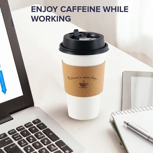 LITOPAK 100 Pack Disposable Coffee Cups with Lids and Kraft Sleeves, 10 oz White Coffee Cups, Paper coffee Cups for Hot Drinks in Kuwait