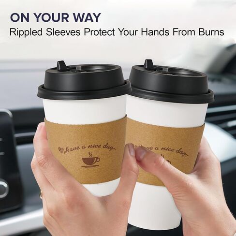 LITOPAK 100 Pack Disposable Coffee Cups with Lids and Kraft Sleeves, 10 oz White Coffee Cups, Paper coffee Cups for Hot Drinks in Kuwait