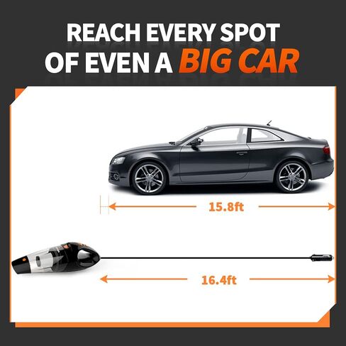 HOTOR مكنسة السيارة عالية الطاقة، مكنسة السيارة المحمولة DC 12V 16.4 قدم طقم ملحقات السيارات المحمولة بسلك للتفاصيل الداخلية للسيارة - أسود وبرتقالي in Kuwait